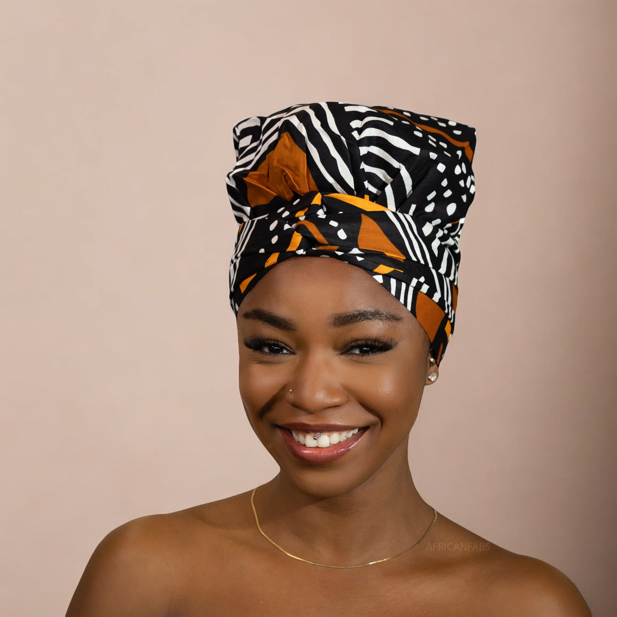 Easy headwrap - Satin lined hair bonnet - Black / orange Bogolan