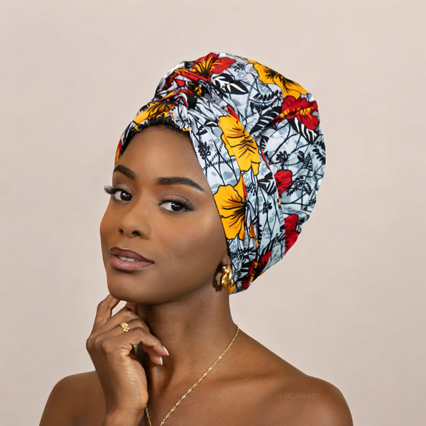 Easy headwrap - Satin lined hair bonnet - Light Grey Flowers