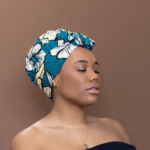 Easy headwrap - Satin lined hair bonnet - Dark turquoise flower