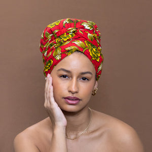 Easy headwrap - Satin lined hair bonnet -  Red / Yellow flower