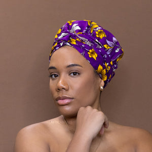 Easy headwrap - Satin lined hair bonnet -  Purple flower