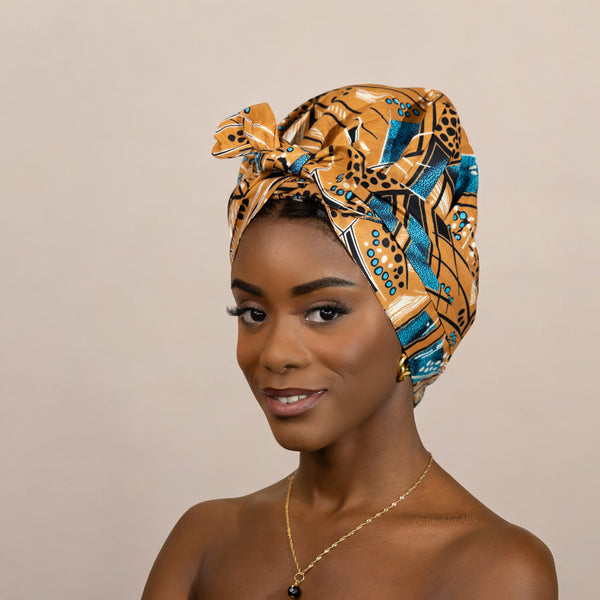 Easy headwrap - Satin lined hair bonnet - Brown / blue