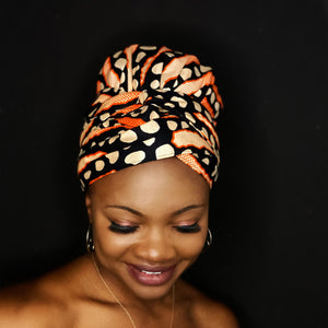 Easy headwrap - Satin lined hair bonnet - Orange Bogolan