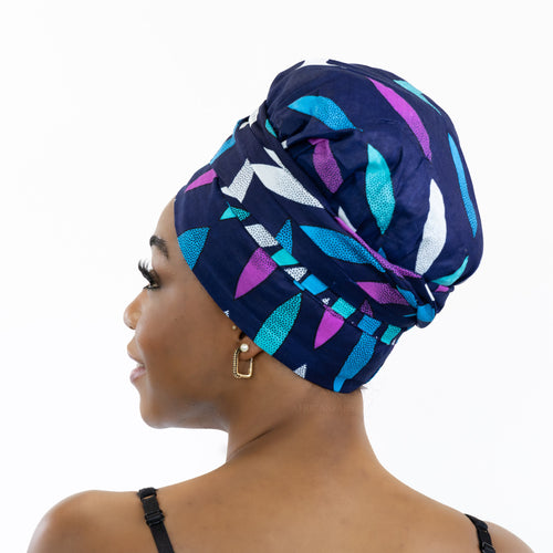 Easy headwrap - Satin lined hair bonnet - Blue / pink sunburst