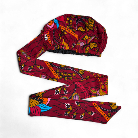 Easy headwrap - Satin lined hair bonnet - Dark Red & Yellow Botanical Flow