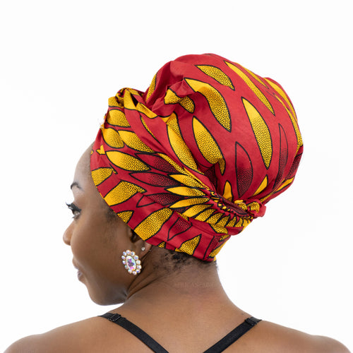 Easy headwrap - Satin lined hair bonnet - Red / yellow sunburst