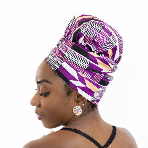 Easy headwrap - Satin lined hair bonnet - Purple Kente