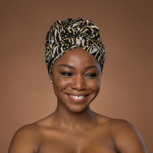 Easy headwrap - Satin lined hair bonnet - Black Yellow Ndop Cameroon