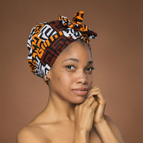Easy headwrap - Satin lined hair bonnet - Brown & Yellow-Orange Kuba Blocks