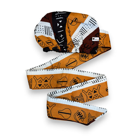 Easy headwrap - Satin lined hair bonnet - Brown & Yellow-Orange Kuba Blocks