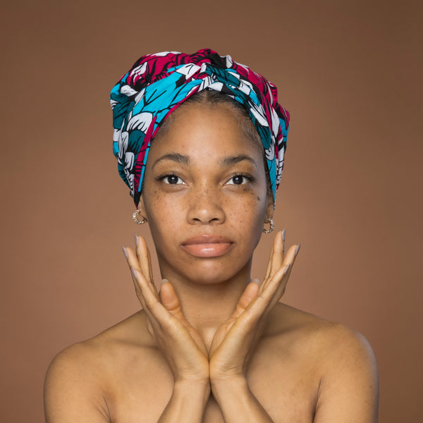 Easy headwrap - Satin lined hair bonnet - Pink & Teal Flowers