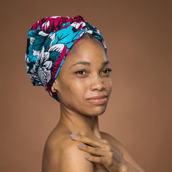Easy headwrap - Satin lined hair bonnet - Pink & Teal Flowers