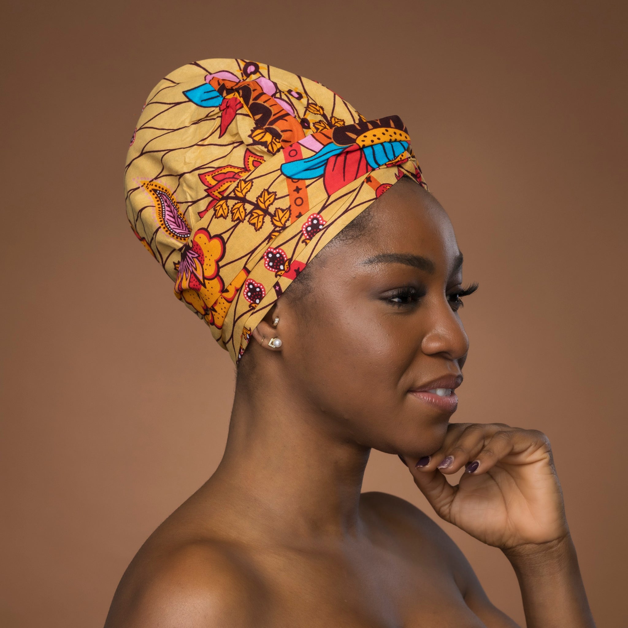Easy headwrap - Satin lined hair bonnet - Beige & Orange Botanical Flow