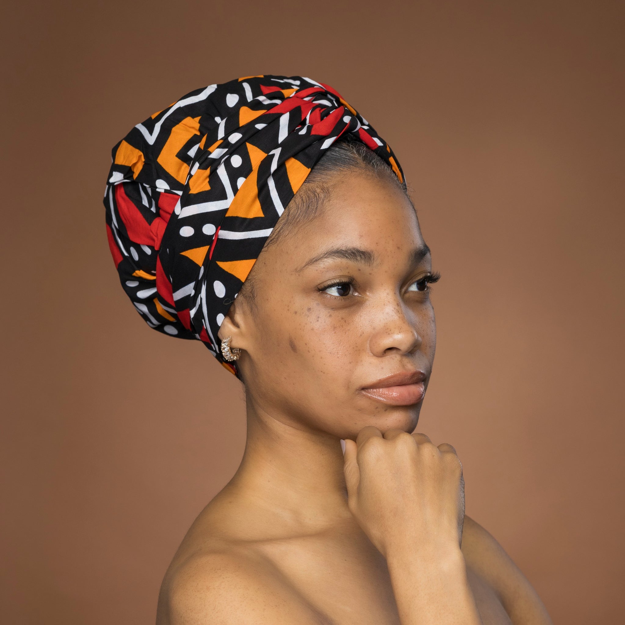 Easy headwrap - Satin lined hair bonnet - Red & Orange Bogolan