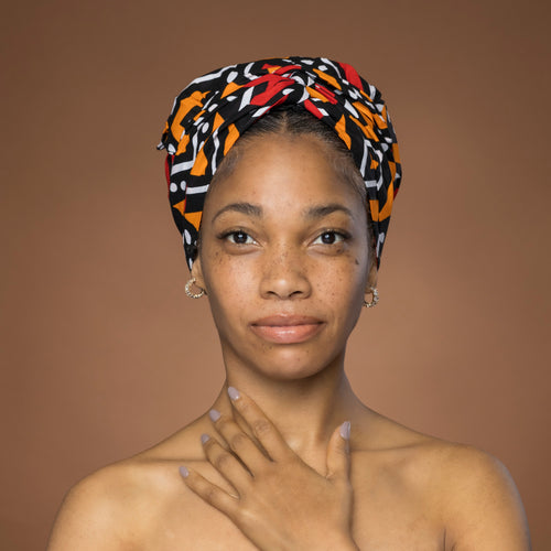 Easy headwrap - Satin lined hair bonnet - Red & Orange Bogolan