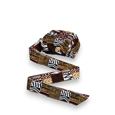 Easy headwrap - Satin lined hair bonnet - Brown Bogolan Mosaic