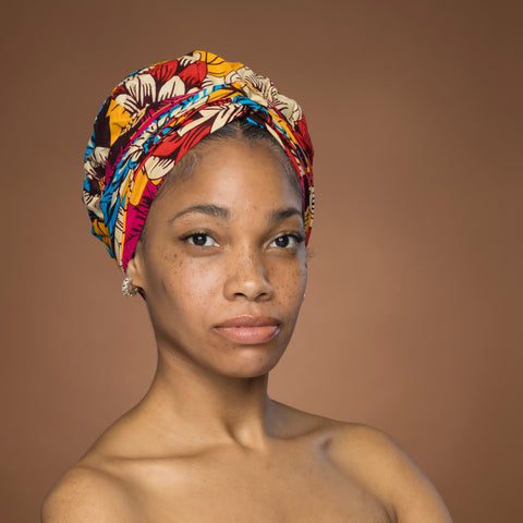 Easy headwrap - Satin lined hair bonnet - Red & Blue Flowers