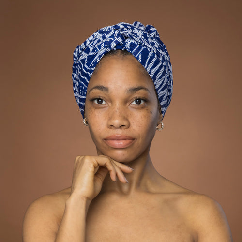Easy headwrap - Satin lined hair bonnet - Blue Ndop Cameroon