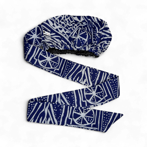 Easy headwrap - Satin lined hair bonnet - Blue Ndop Cameroon
