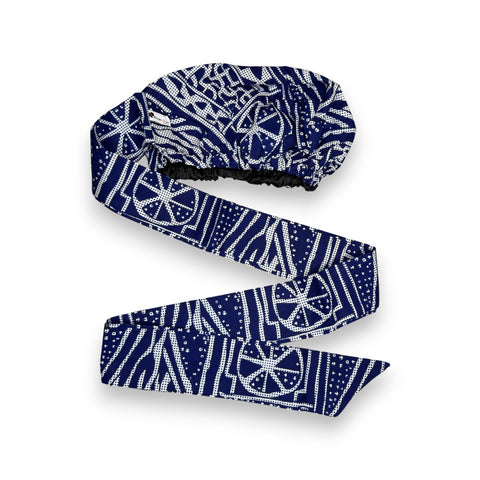Easy headwrap - Satin lined hair bonnet - Blue Ndop Cameroon