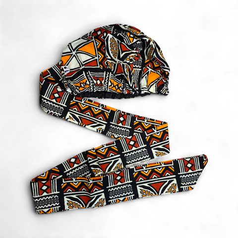 Easy headwrap - Satin lined hair bonnet -  Red & Orange Bogolan Symbols