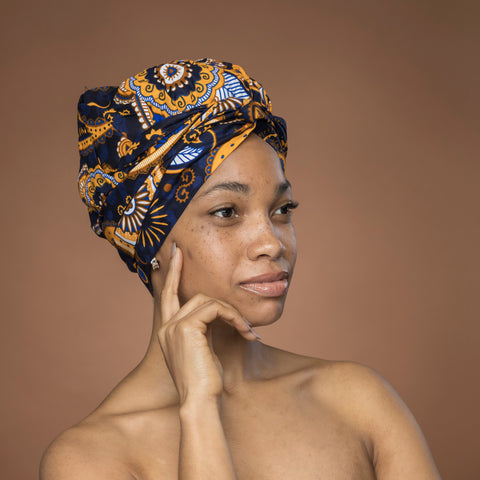 Easy headwrap - Satin lined hair bonnet - Blue Yellow Paisley