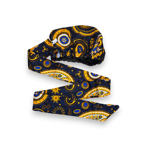 Easy headwrap - Satin lined hair bonnet - Blue Yellow Paisley