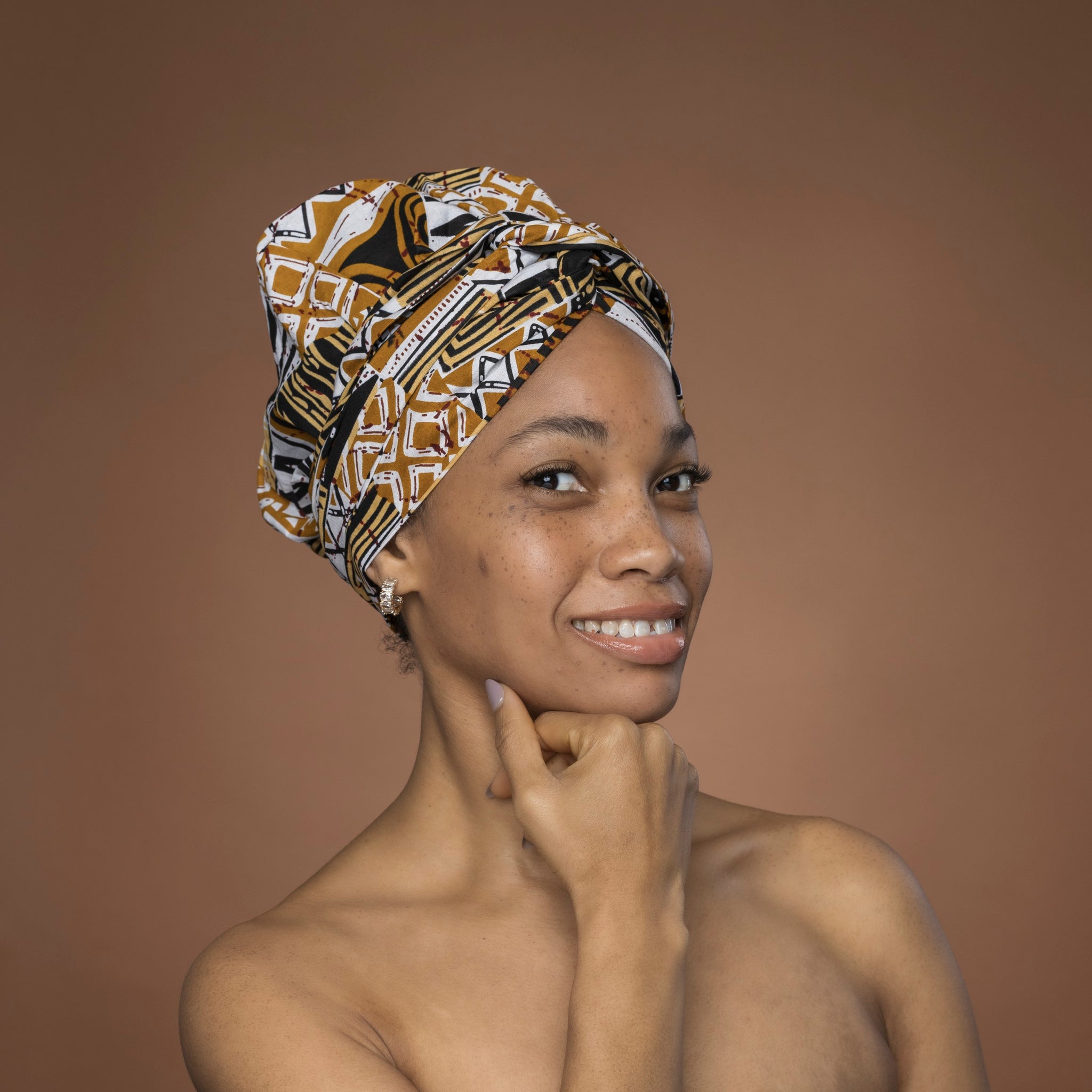 Easy headwrap - Satin lined hair bonnet - Khaki Bogolan Mosaic