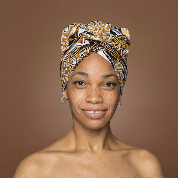 Easy headwrap - Satin lined hair bonnet - Khaki Bogolan Mosaic