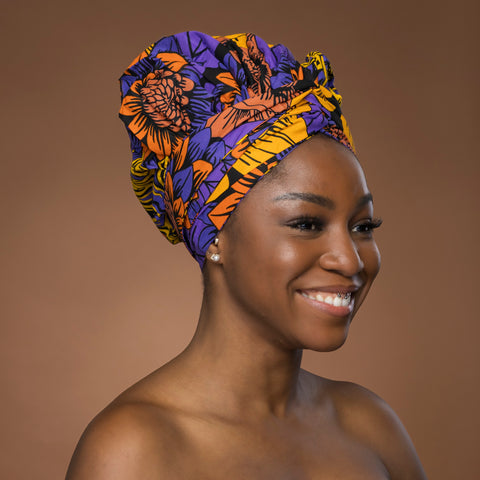 Easy headwrap - Satin lined hair bonnet - Yellow & Purple Flowers