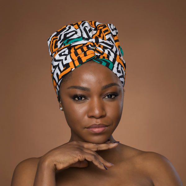 Easy headwrap - Satin lined hair bonnet - Teal Yellow Kuba Blocks Congo