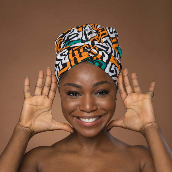 Easy headwrap - Satin lined hair bonnet - Teal Yellow Kuba Blocks Congo