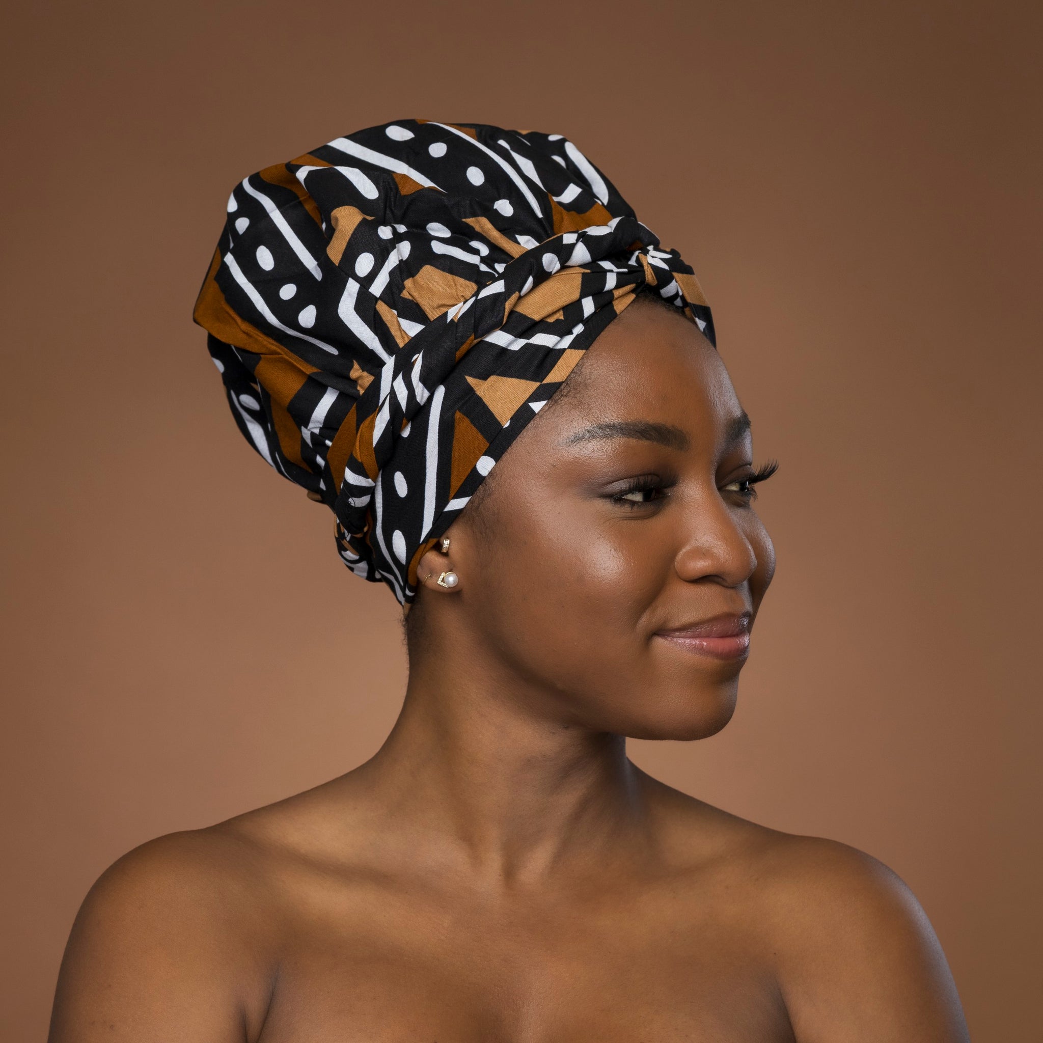 Easy headwrap - Satin lined hair bonnet - Brown & Beige Bogolan