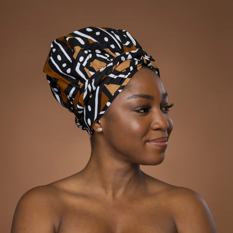 Easy headwrap - Satin lined hair bonnet - Brown & Beige Bogolan