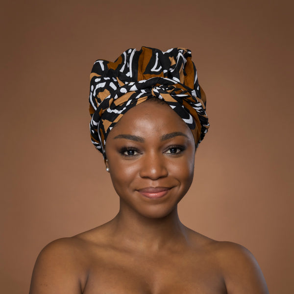 Easy headwrap - Satin lined hair bonnet - Brown & Beige Bogolan
