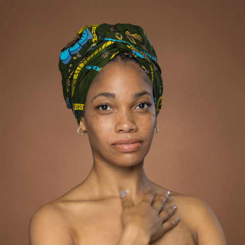 Easy headwrap - Satin lined hair bonnet - Green Botanical Flow
