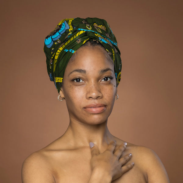 Easy headwrap - Satin lined hair bonnet - Green Botanical Flow