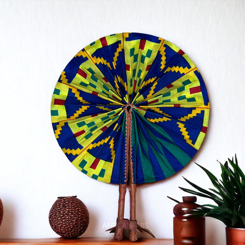 African Hand fan - Ankara print Hand fan - Abena - Blue / yellow kente