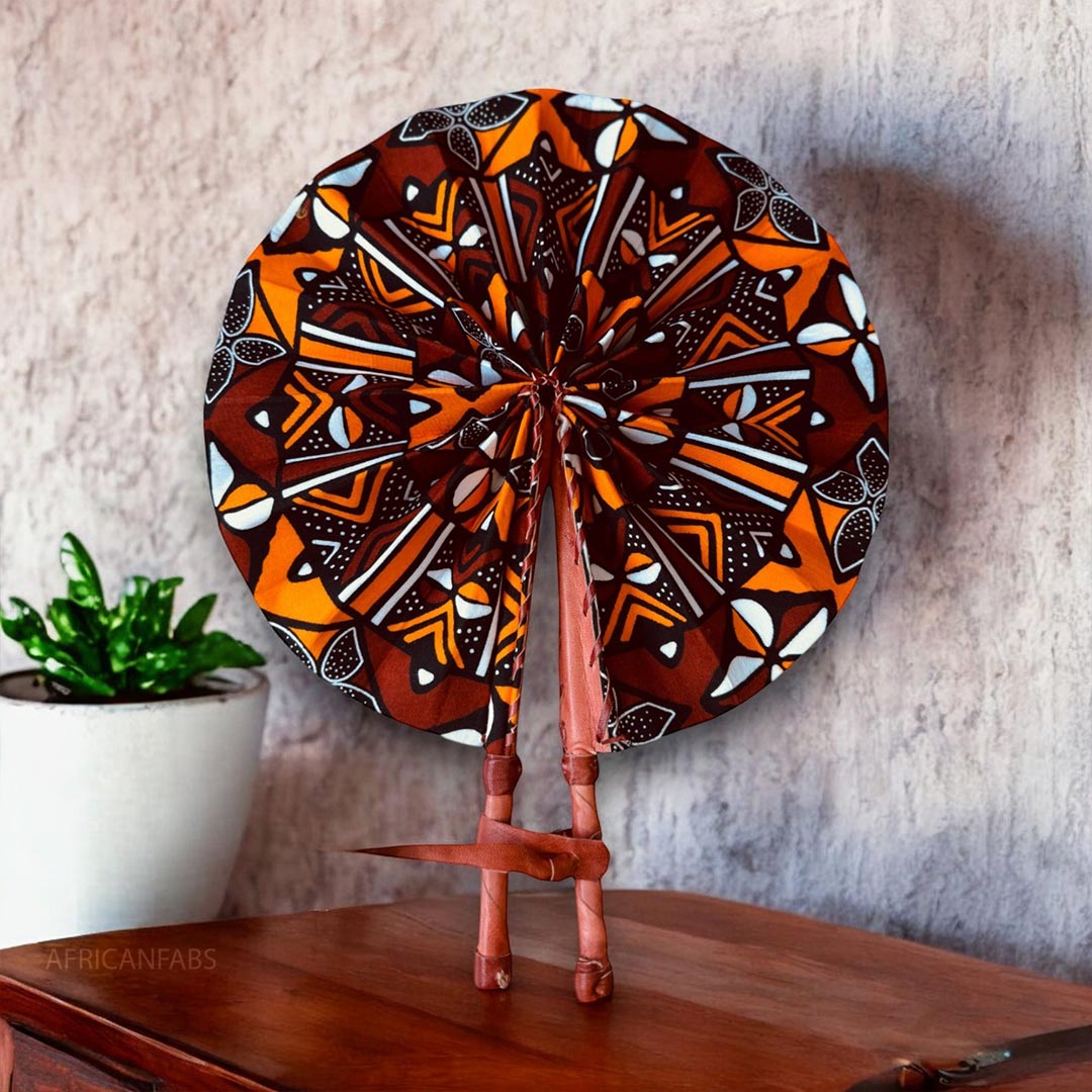 African Hand fan - Ankara print Hand fan - Kwasi - Brown Bogolan