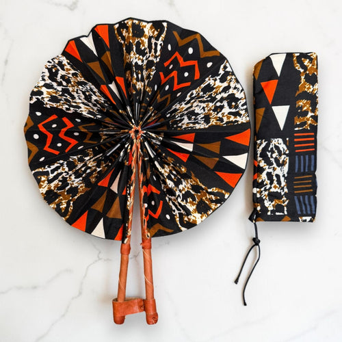African Hand fan - Ankara print Hand fan - Black Brown Yaa