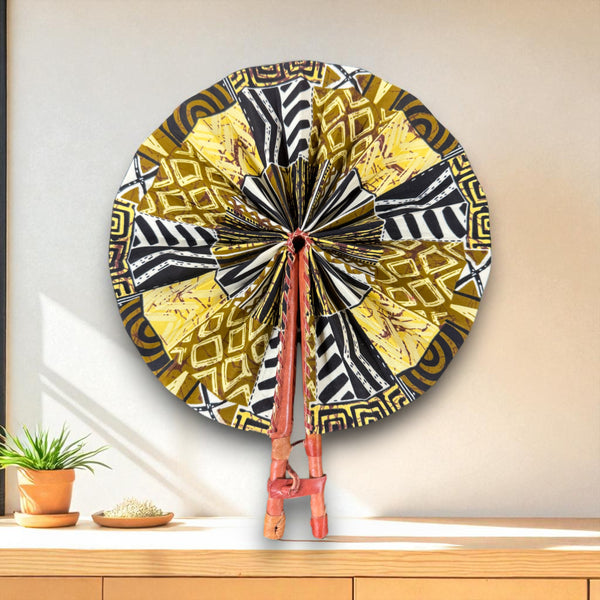 African Hand fan - Ankara print Hand fan - Yao - Yellow Bogolan