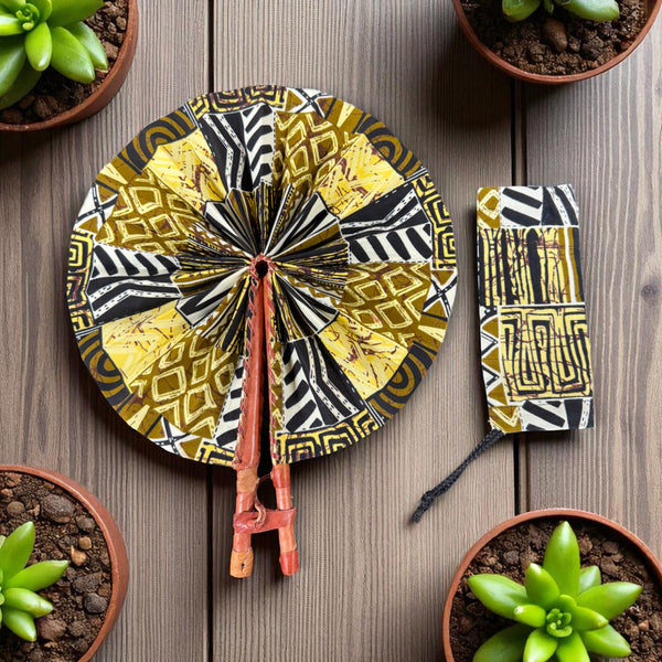 African Hand fan - Ankara print Hand fan - Yao - Yellow Bogolan