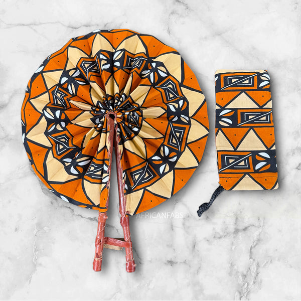African Hand fan - Ankara print Hand fan - Kofi - Orange