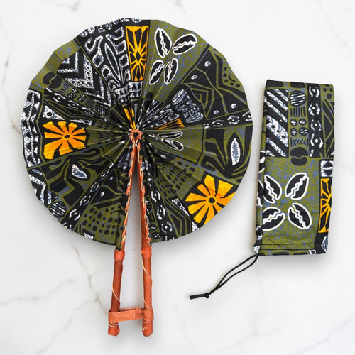 African Hand fan - Ankara print Hand fan - Olive Mustard Agyeman
