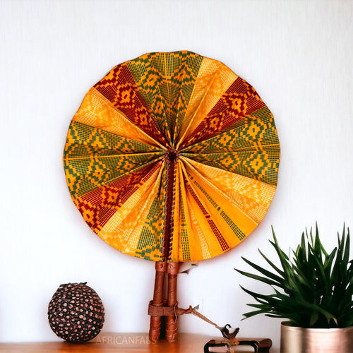 African Hand fan - Ankara print Hand fan - Kofi - Yellow / red