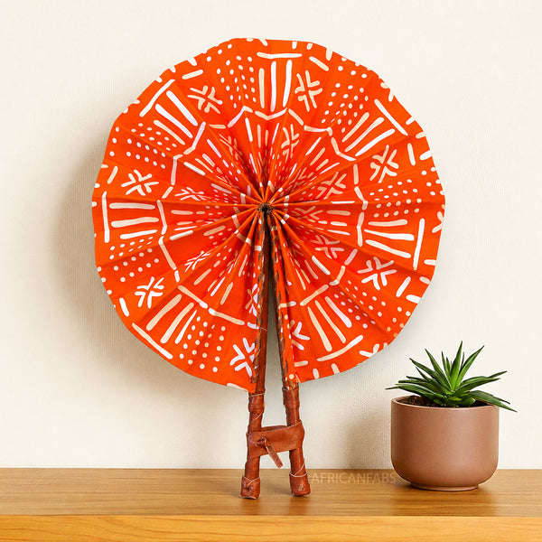African Hand fan - Ankara print Hand fan - Kwadwo- Orange