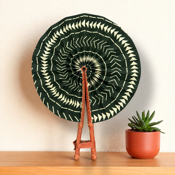 African Hand fan - Ankara print Hand fan - Green Cream Kwabena