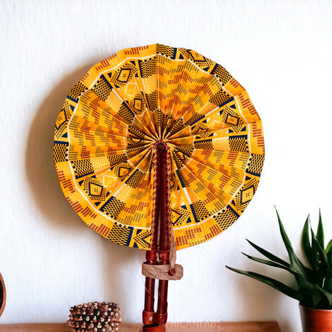 African Hand fan - Ankara print Hand fan - Katakyie - Yellow kente