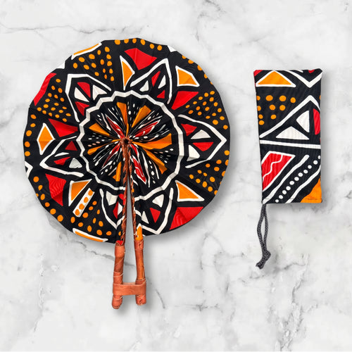 African Hand fan - Ankara print Hand fan - Black Red Yaw