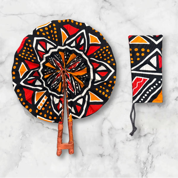 African Hand fan - Ankara print Hand fan - Black Red Yaw